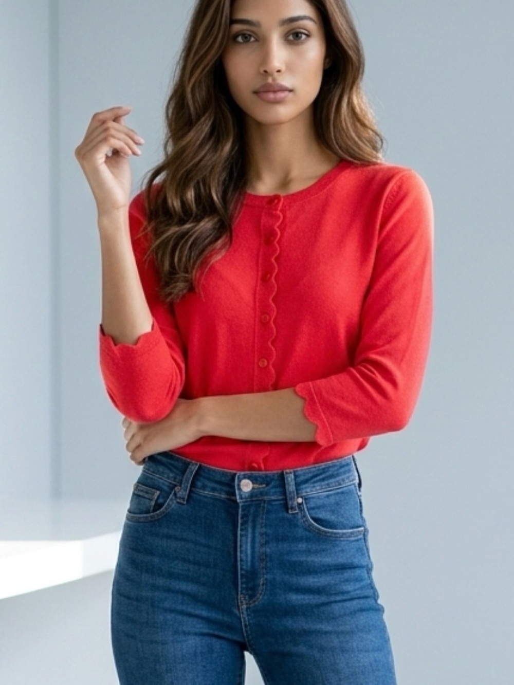 Talbots Red Scallop-Edge Crewneck Cardigan